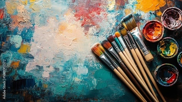 Fototapeta artistic environment background of flat lay of art supplies in bright colors, morning sunlight, playful texture, expressive setting
