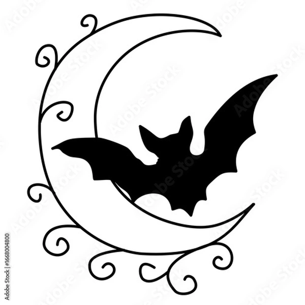 Fototapeta Hand drawn halloween bat and crescent moon illustration with swirling gothic vine doodles magical spooky night sky design for journaling scrapbooking stickers party invitations and mystical crafts