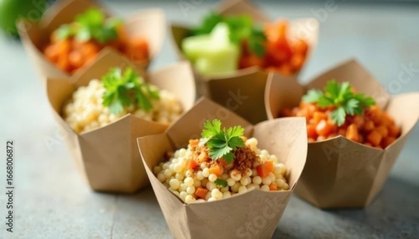 Fototapeta Biodegradable poke bowl containers ready for delivery, branding, environment