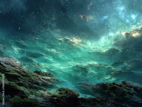 Obraz Cosmic Ocean: Celestial Waves Crashing on Rocks