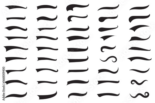 Fototapeta Vector black sport tails. Swoosh silhouette elements for baseball, football or athletics lettering. Baseball swoosh text tails. Sports underline curly shapes set. Swirl lines, swish or swash shapes.