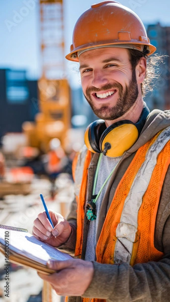 Fototapeta A construction worker smiles while taking notes on a building site, wearing safety gear and standing in front of a crane.