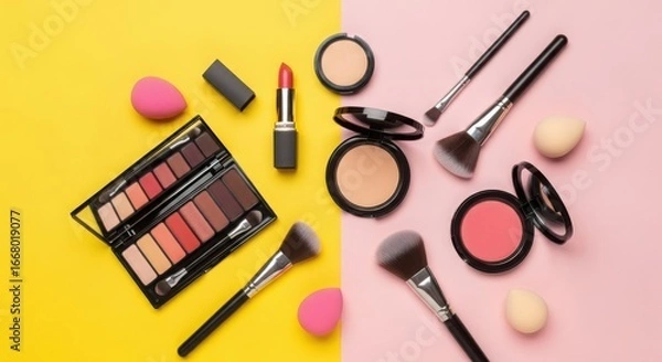 Fototapeta Vibrant makeup collection with eyeshadow palette, lipstick, brushes, and sponges on a split yellow and pink background