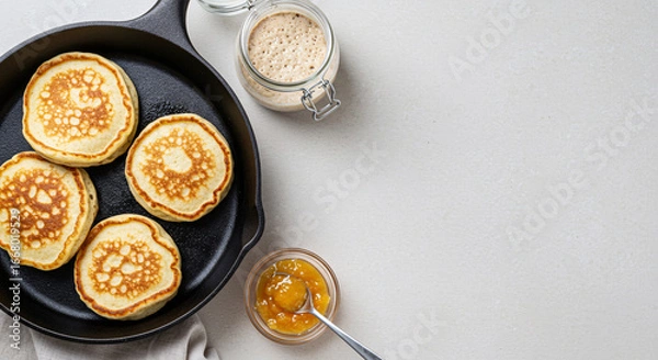 Fototapeta Homemade pancakes served in skillet with syrup and jar on table. Horizontal banner with copyspace, empty space for a text  