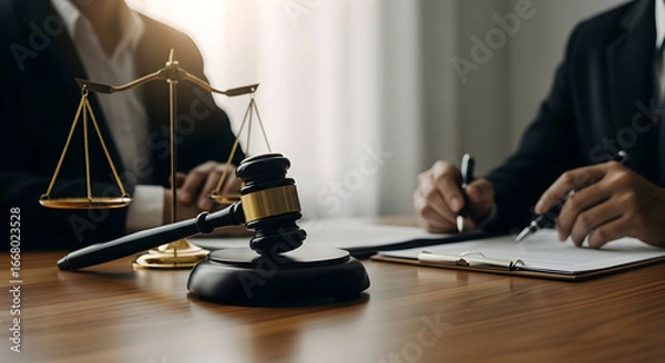 Fototapeta Lawyers working in office signing legal documents with gavel and scales of justice