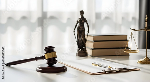 Fototapeta Justice concept with judge gavel, scales, lady justice statue, and legal books on a table