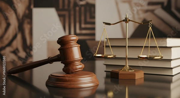 Fototapeta Wooden gavel and scales of justice on a dark reflective surface symbolizing law and order