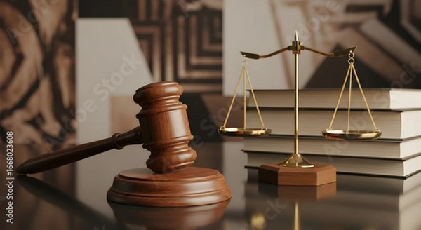 Fototapeta Wooden gavel and balance scales on a reflective surface symbolizing justice and law