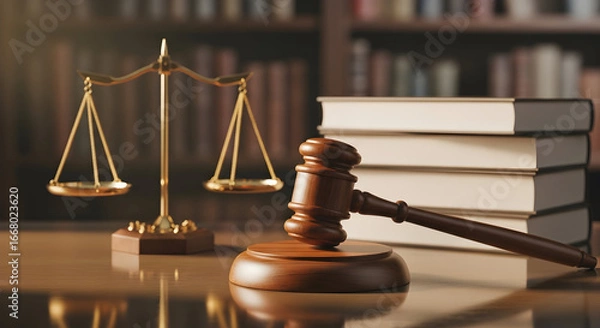 Fototapeta Symbolic image of law and justice featuring a gavel, scales and legal books on a desk