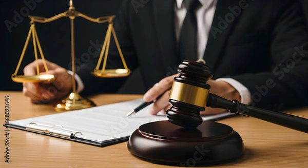 Fototapeta Justice served: A symbol of law and order represented by the gavel and scales of justice