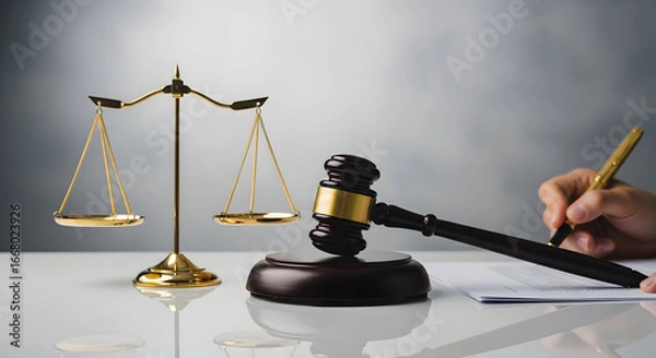 Fototapeta Symbolic Representation of Legal Proceedings with Scales Gavel and Signature