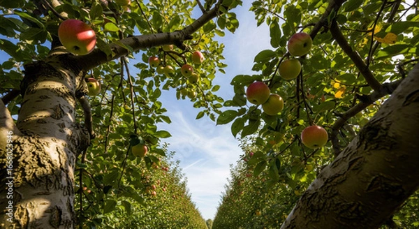 Fototapeta Low-angle view of an apple orchard with unripe apples on a sunny day, against the sky