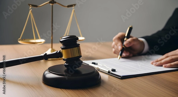 Fototapeta Gavel and scales of justice on a desk with a lawyer signing document elegantly representing the