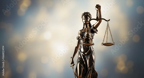 Fototapeta Lady Justice statue, a symbol of fairness and the legal system with a balanced scale and sword on