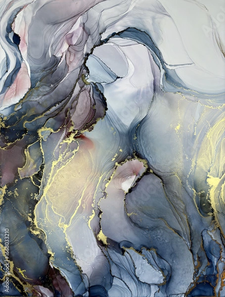 Obraz Abstract blue background with gold — fluid art texture made with alcohol ink and golden potal. Blue with purple natural art backdrop resembles marble or abstract aquarelle sea, ocean, water, splash.