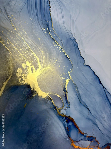 Obraz Abstract blue background with gold — fluid art texture made with alcohol ink and golden potal. Blue with purple natural art backdrop resembles marble or abstract aquarelle sea, ocean, water, splash.