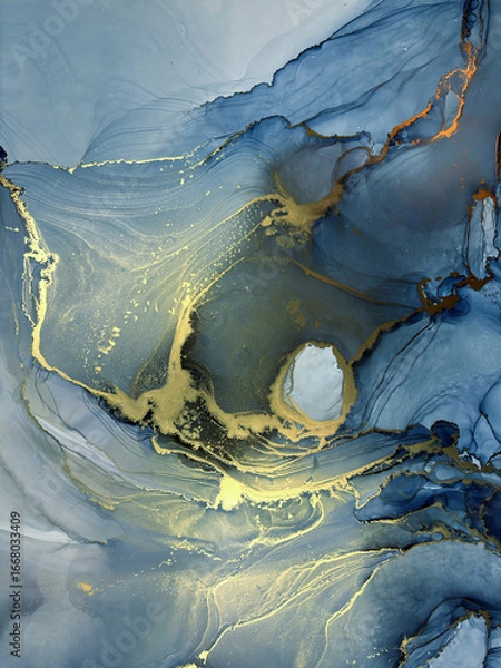 Obraz Abstract blue background with gold — fluid art texture made with alcohol ink and golden potal. Blue with purple natural art backdrop resembles marble or abstract aquarelle sea, ocean, water, splash.