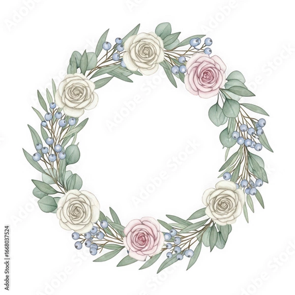 Obraz Delicate floral wreath with soft roses and eucalyptus on black