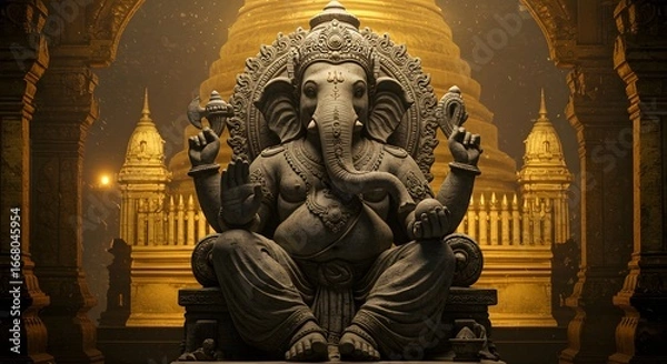 Fototapeta Majestic Lord Ganesha Stone Statue with Golden Temple Background