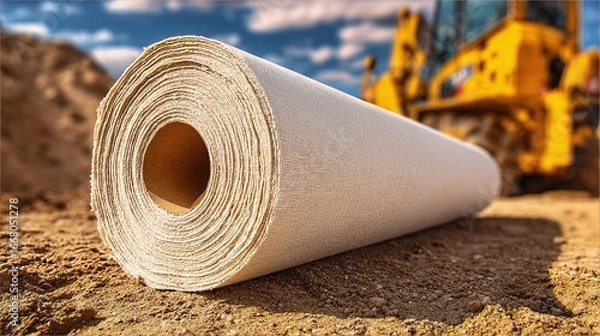 Fototapeta Construction Material Roll on Site. Textured textile roll for roadwork, with earthmoving equipment in the backdrop on a bright day. Durable, essential.
