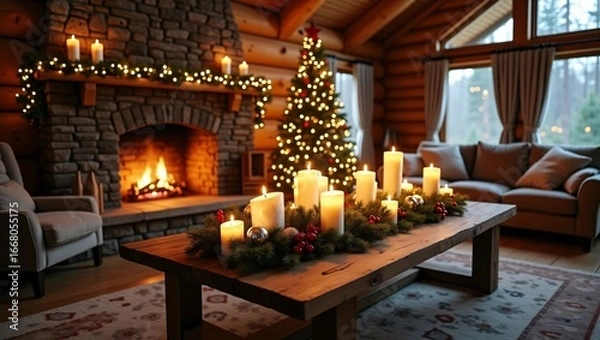 Fototapeta A cozy log cabin living room decorated for Christmas, with a fireplace, lit candles, a glowing tree, and festive greenery on the coffee table.