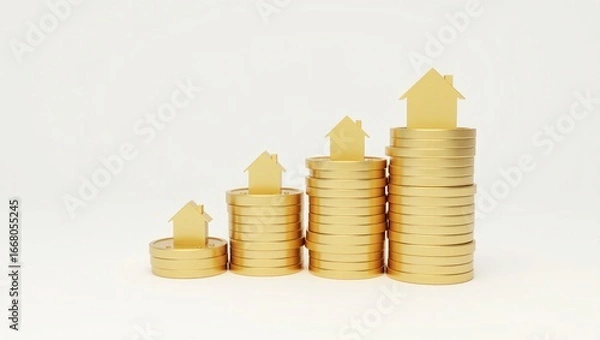 Fototapeta Stacks of gold coins with small gold house models on top, increasing in height.