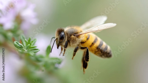 Fototapeta Honeybee landing on wildflower in macro shot