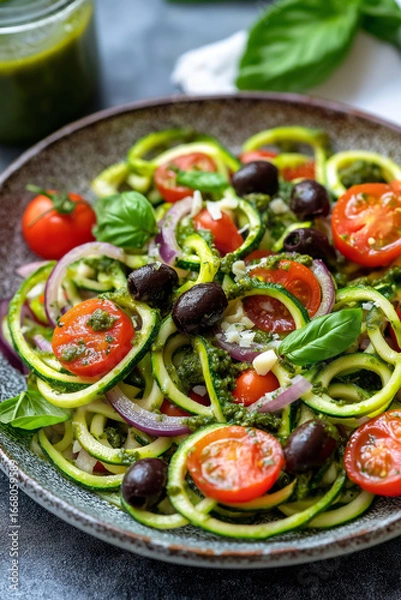 Obraz Zucchini Noodle Salad with Cherry Tomatoes and Basil Pesto, fresh zucchini noodles tossed with cherry tomatoes, black olives, and sliced red onions, coated in a homemade basil pesto.