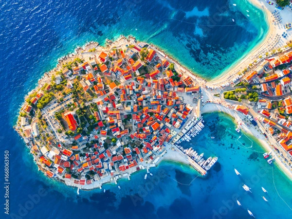 Obraz Aerial drone view of the historical center of Primosten, Sibenik, Croatia