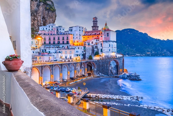 Obraz Amalfi, Italy. Atrani small colored town, Tyrrhenian Sea - Costa Amalfitana