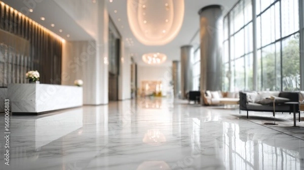 Fototapeta Stunning photo of blurred hotel or office building lobby blur background interior view toward reception hall modern luxury white room space with blurry corridor and building.