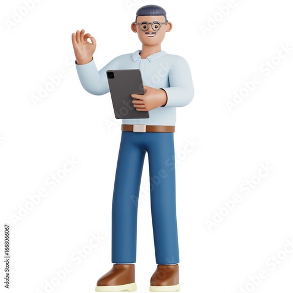Fototapeta Cheerful 3D Character Holding Tablet Gesturing Okay Hand Sign Illustration