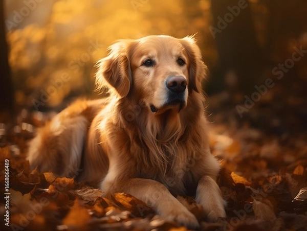 Fototapeta Golden retriever nestled among a blanket of vibrant autumn leaves creating a warm seasonal portrait filled with cozy fall atmosphere golden retriever on the grass