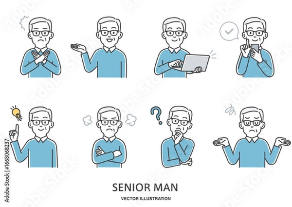 Obraz シニア男性の表情や仕草のイラストセット