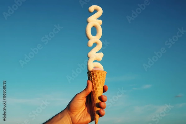 Fototapeta Hand holding an ice cream cone with 2026 formed from sugar against a clear blue sky symbolizing a sweet new year and the anticipation of future celebrations and joy
