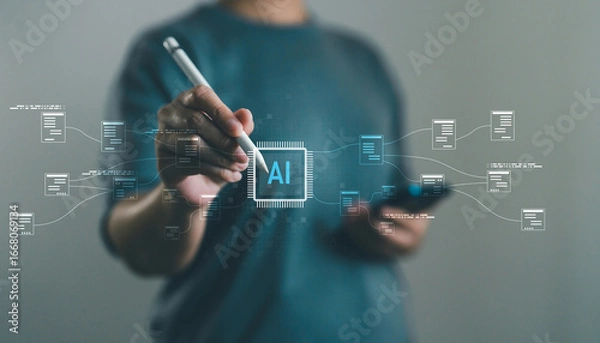 Obraz Artificial intelligence chip with data flow structure and relation information node. Smart data processing, machine learning and digital transformation in modern tech architect.