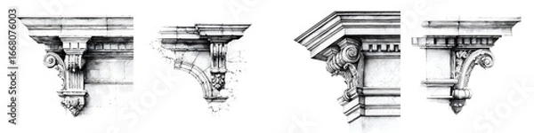 Fototapeta Detailed Architectural Corbels Sketch, Isolated on White