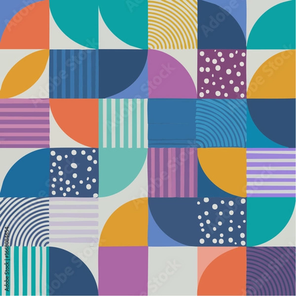Fototapeta Colorful geometric design. This visually engaging artwork showcases a playful arrangement of squares, circles, and other shapes. The artwork uses a vibrant palette.