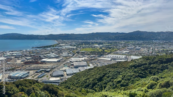 Fototapeta Lower Hutt, New Zealand. Wide view from Wainuiomata Hill. Seaview, Petone and Hutt River in foreground.