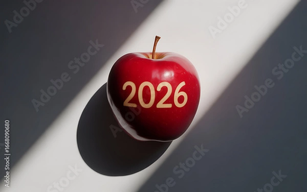 Fototapeta Shiny red apple with the year 2026 on it bathed in sunlight symbolizing a fresh start and a healthy future perfect for new year resolutions and planning for the years ahead