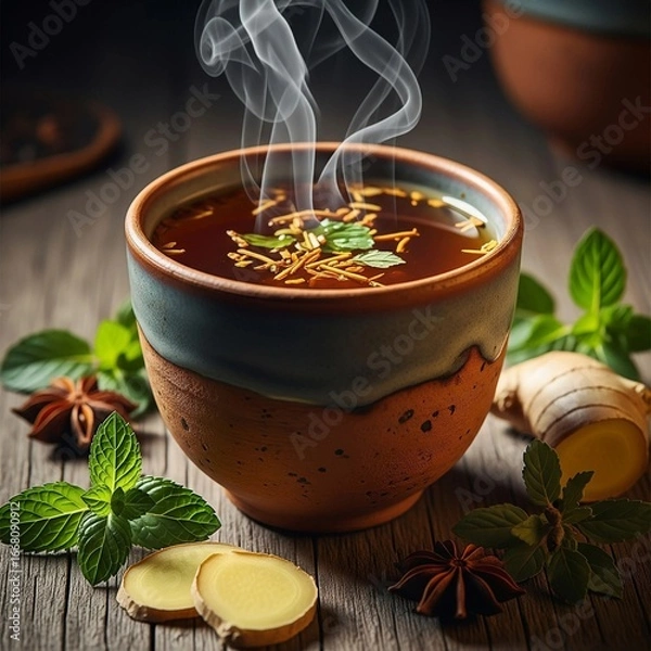 Fototapeta Ayurvedic herbal tea in a handcrafted clay cup with steam and fresh herbs. A calming, rustic wellness scene.