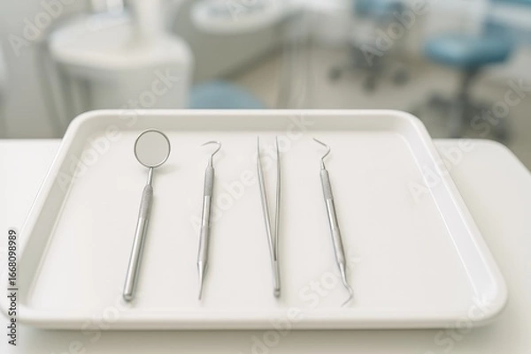Fototapeta Close-up of dental tools on a white tray in a dentist office, including mirror, scaler, tweezers, and explorer.