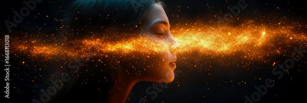 Fototapeta Profound Inner Light: Woman's Profile with Eyes Closed, Channeling Vibrant Stream of Golden, Star-like Particles, Representing Spiritual Awakening and Universal Energy