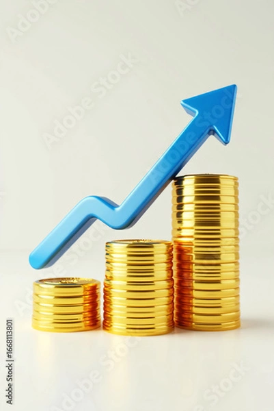 Fototapeta 3D render of stacked gold coins arranged in ascending columns representing financial growth, savings, investment success, and wealth accumulation in a clean modern business and economic illustration.