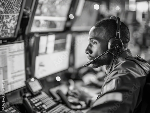 Obraz Black and white portrait of a focused African American emergency dispatcher in a high-tech control room. He monitors multiple screens, coordinating a response for public safety.
