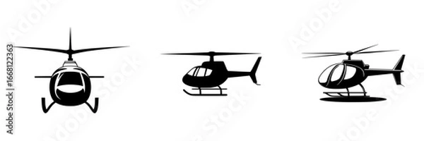 Fototapeta Different models of helicopters in a minimalist style displayed in black silhouette on a white background