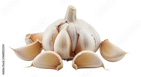 Obraz Garlic bulb with cloves on white transparent background, PNG