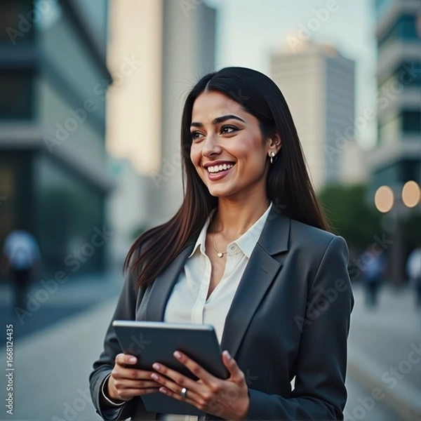 Obraz Portrait of middle eastern businesswoman using tablet pc app standing at office business building outdoors smiling indian or latin hispanic woman holding digital computer looking aside copy space 