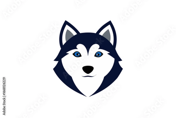 Fototapeta Stylized illustration of a friendly siberian husky dog face with bright blue eyes on a black background