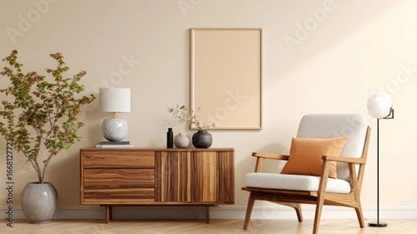 Fototapeta Cozy living room scene with wooden furniture